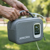 Woman with COPD using JIRKORA portable oxygen concentrator outdoors with grandchildren, enjoying freedom and improved quality of life